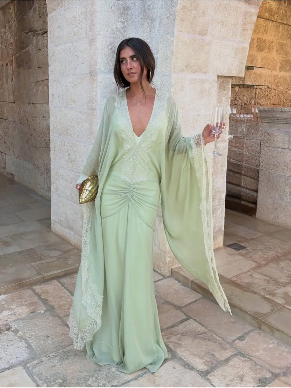 Ruched Lace-Trim Maxi Dress in Green Size Medium
